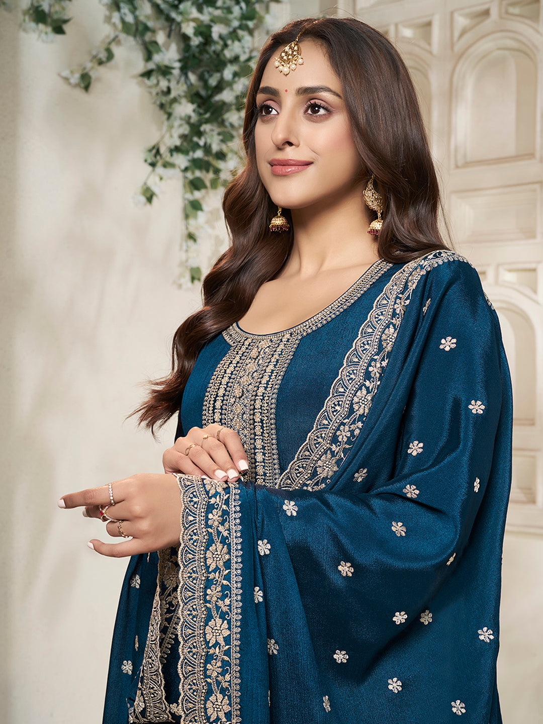 Blue Chinon Top with White Embroidery & Sequins Anarkali Suit Set