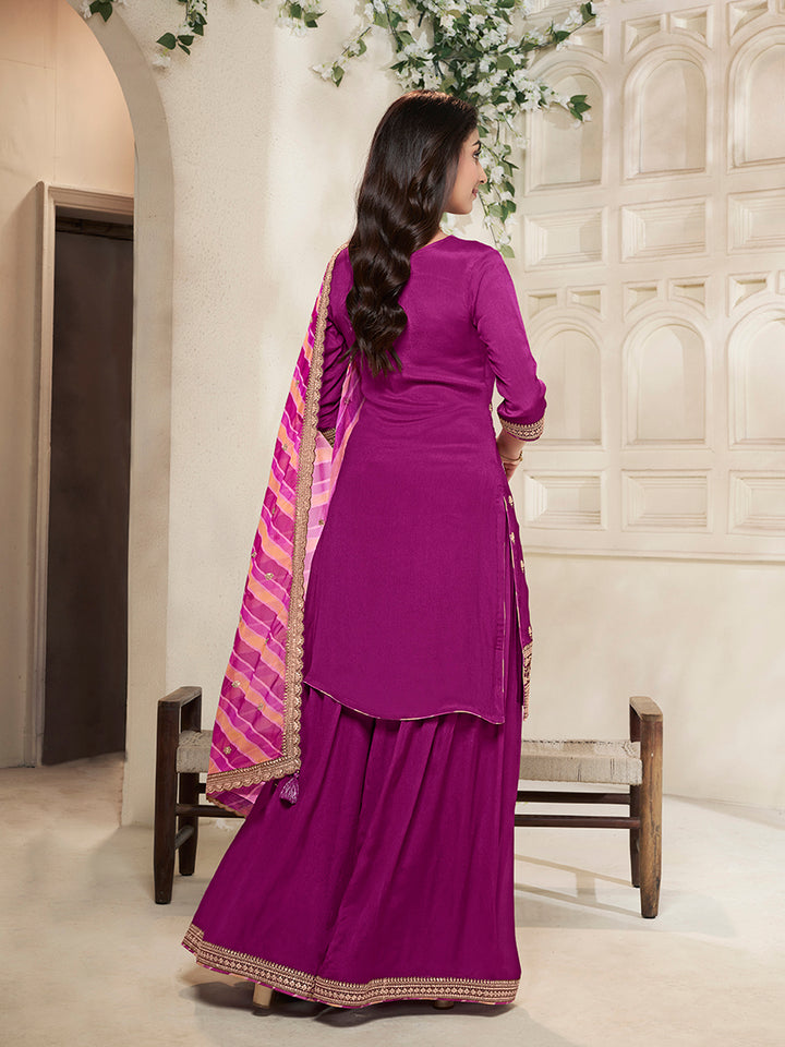 Purple Chinon top, embellished sharara, and lehariya printed dupatta. Sharara Suit Set.