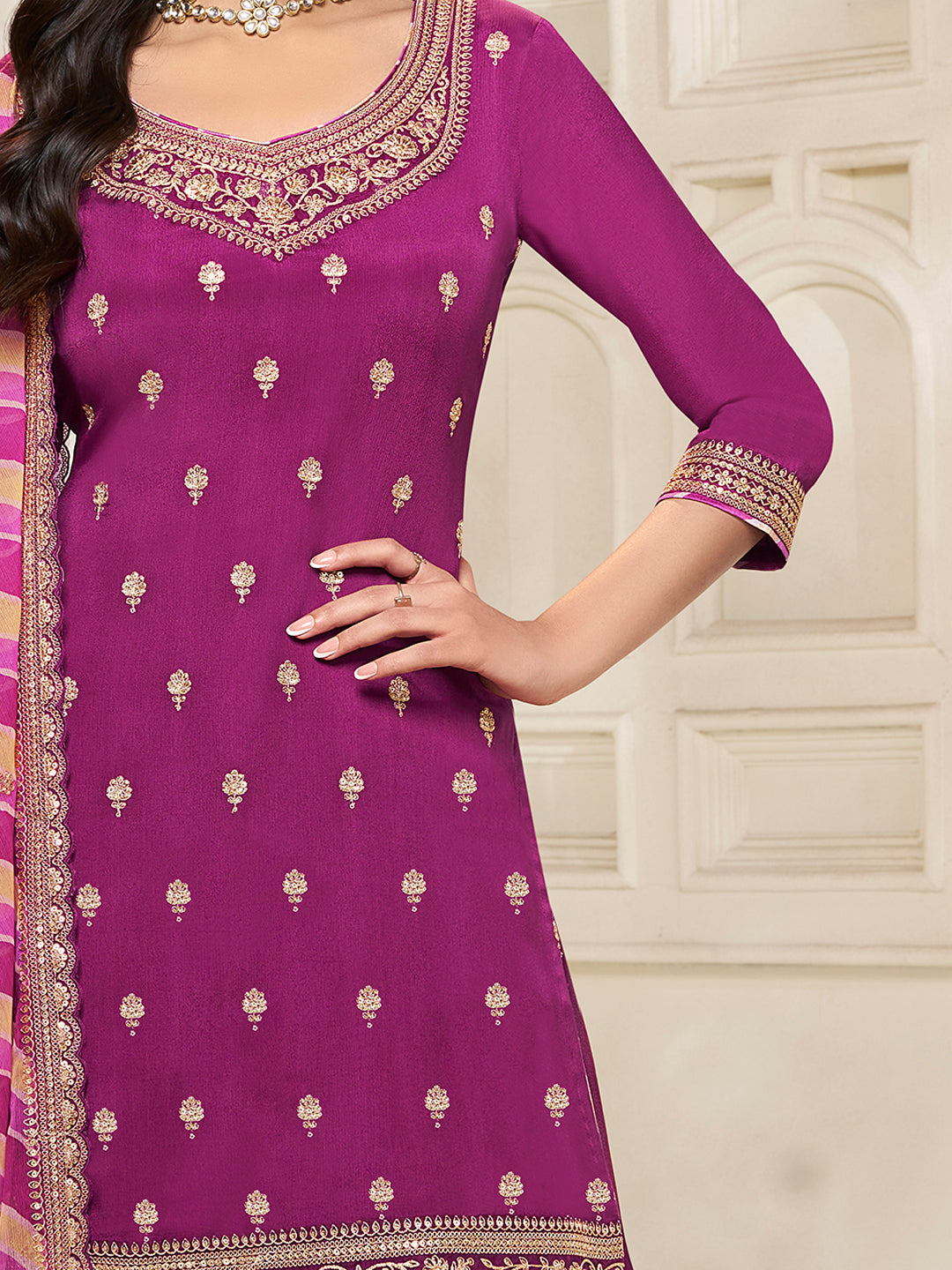 Purple Chinon top, embellished sharara, and lehariya printed dupatta. Sharara Suit Set.