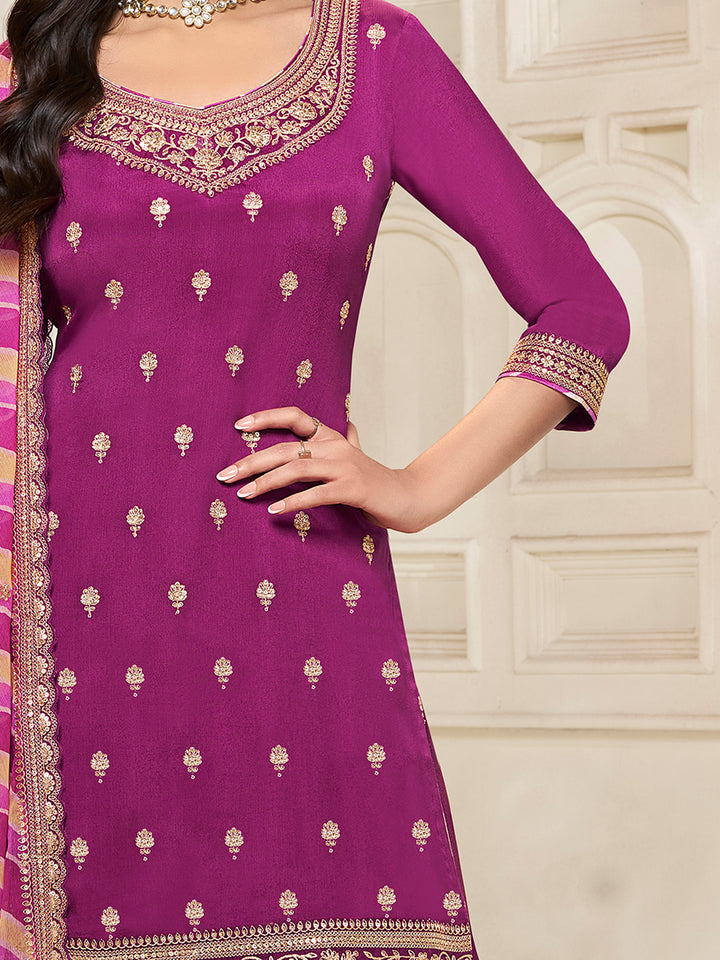 Purple Chinon top, embellished sharara, and lehariya printed dupatta. Sharara Suit Set.