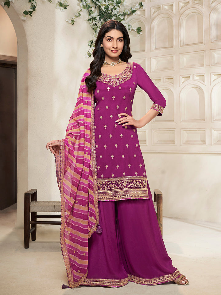 Purple Chinon top, embellished sharara, and lehariya printed dupatta. Sharara Suit Set.