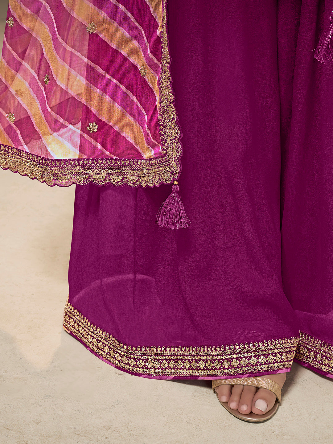 Purple Chinon top, embellished sharara, and lehariya printed dupatta. Sharara Suit Set.