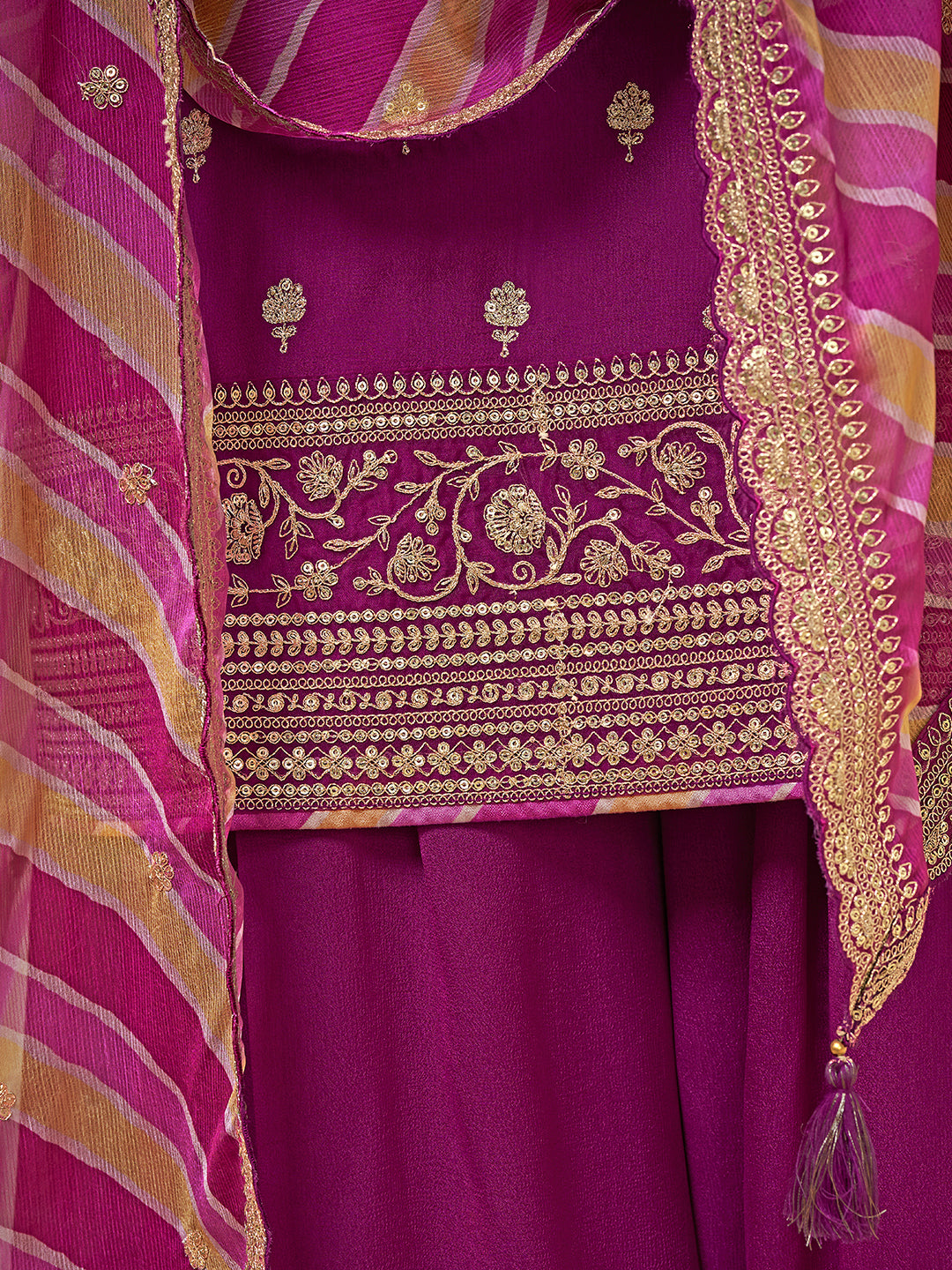 Purple Chinon top, embellished sharara, and lehariya printed dupatta. Sharara Suit Set.