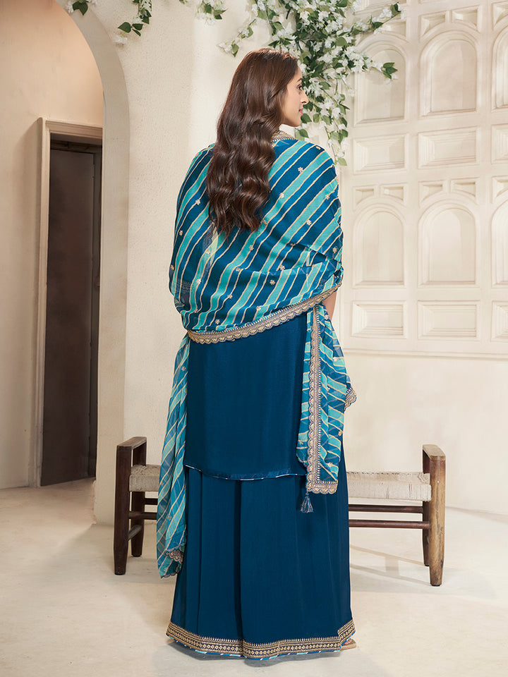 Royal Blue Chinon top, embellished sharara, and lehariya printed dupatta. Sharara Suit Set.