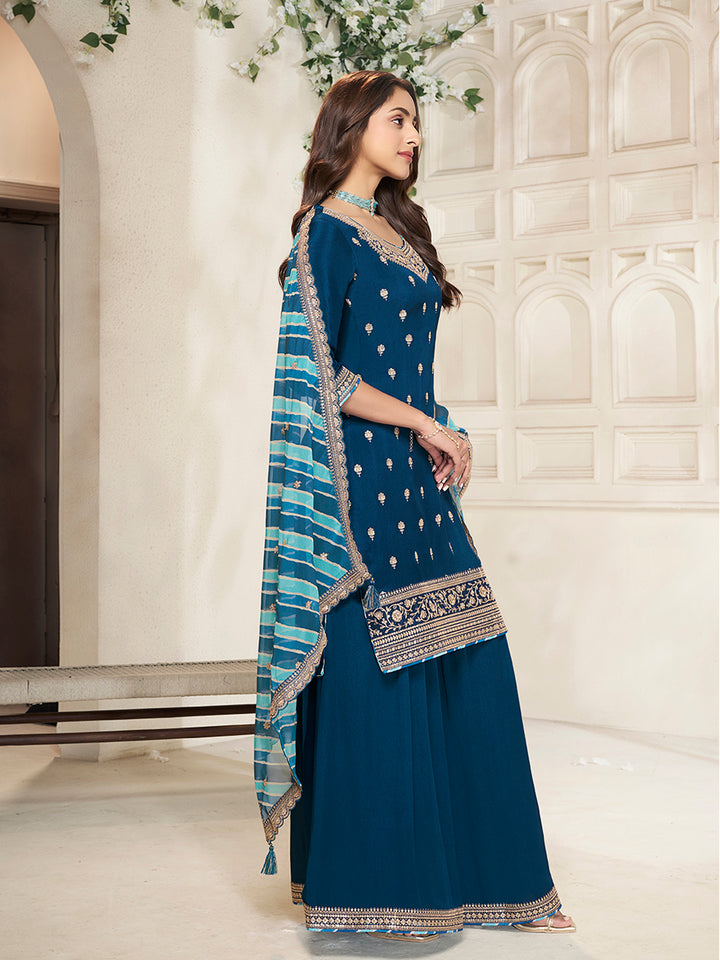 Royal Blue Chinon top, embellished sharara, and lehariya printed dupatta. Sharara Suit Set.