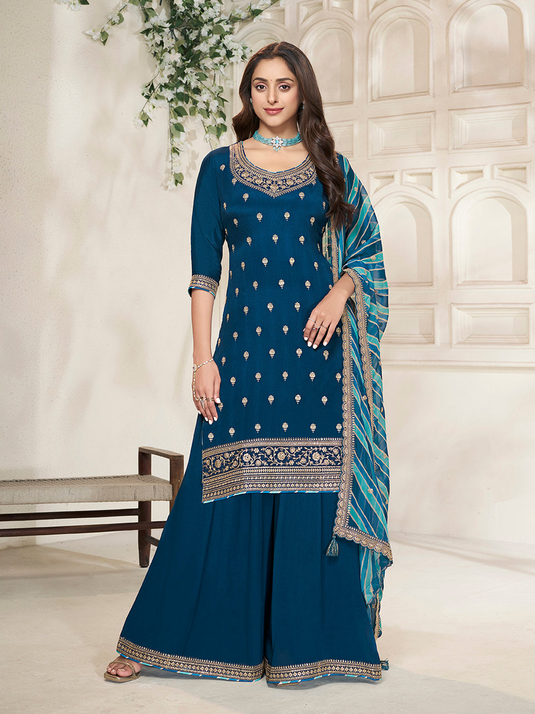 Royal Blue Chinon top, embellished sharara, and lehariya printed dupatta. Sharara Suit Set.