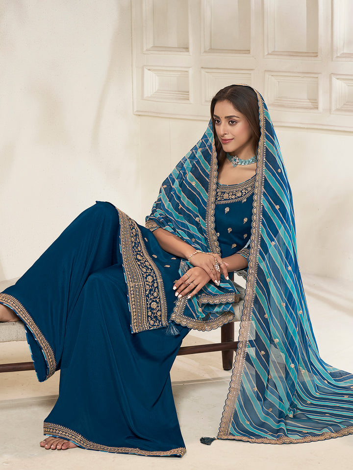 Royal Blue Chinon top, embellished sharara, and lehariya printed dupatta. Sharara Suit Set.