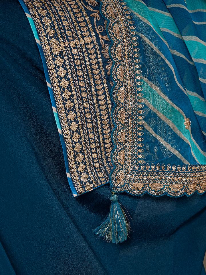 Royal Blue Chinon top, embellished sharara, and lehariya printed dupatta. Sharara Suit Set.