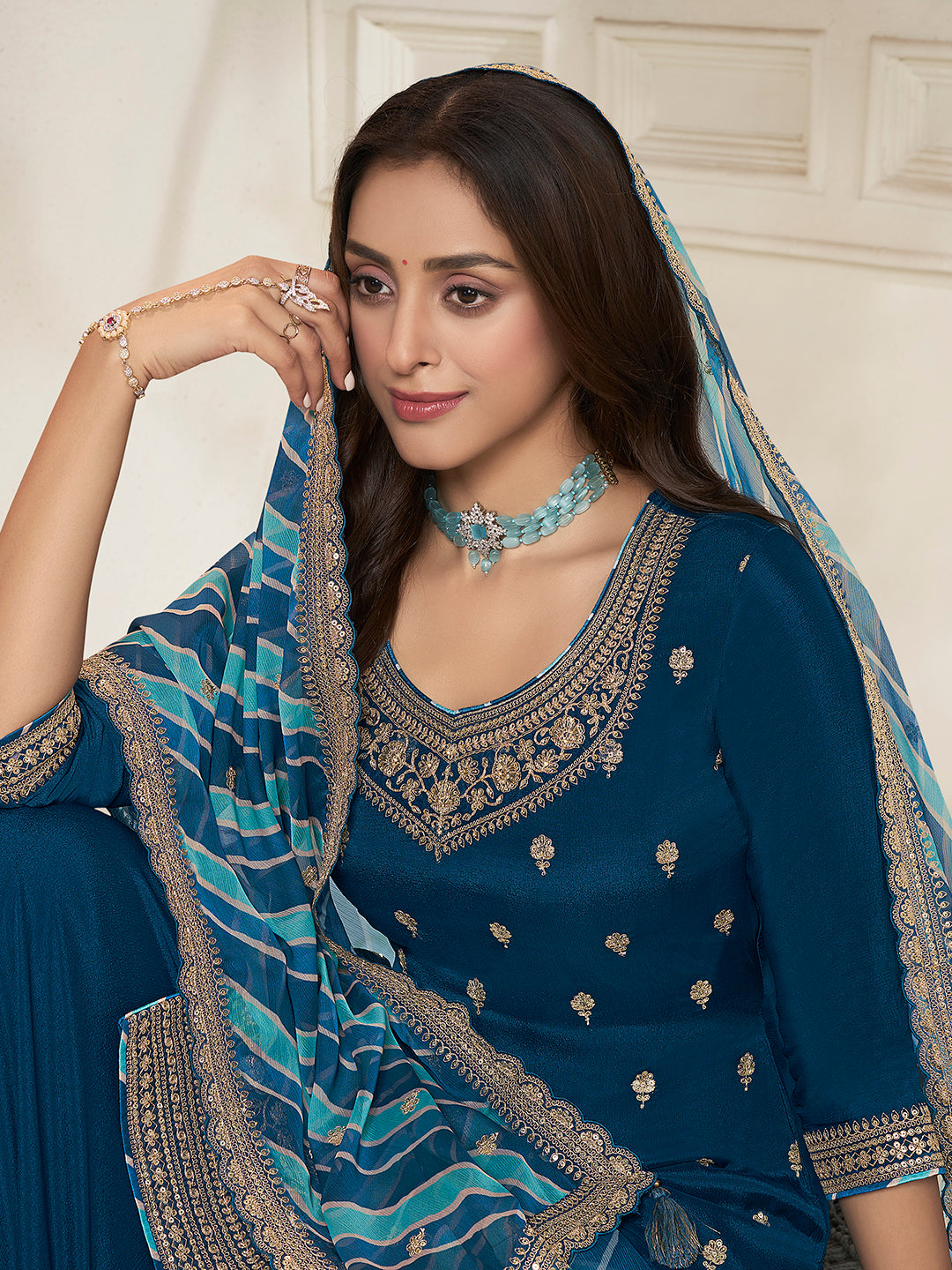 Royal Blue Chinon top, embellished sharara, and lehariya printed dupatta. Sharara Suit Set.