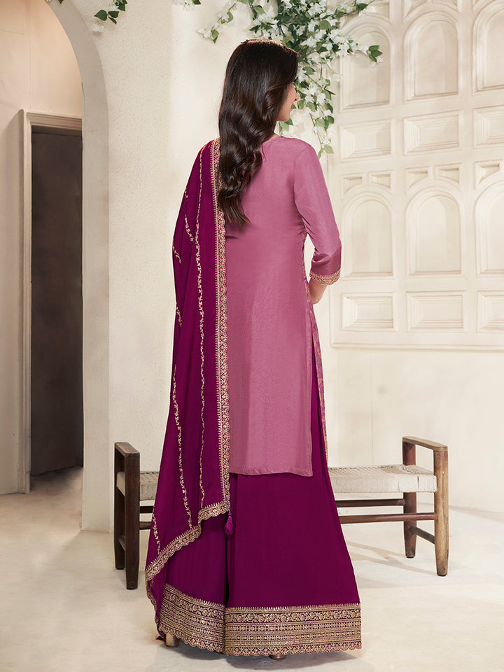 Wine Dola Silk Colour Contrast Sharara Suit Set