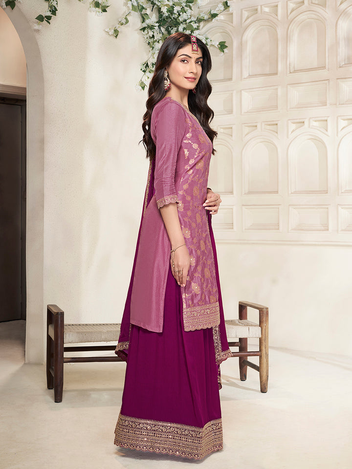 Wine Dola Silk Colour Contrast Sharara Suit Set