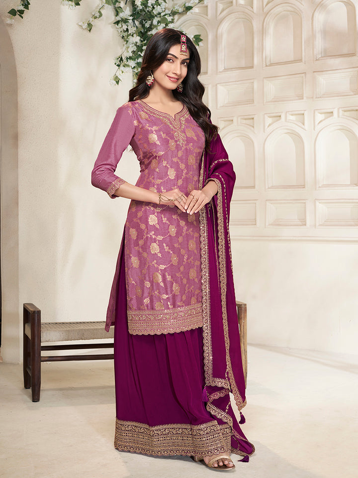 Wine Dola Silk Colour Contrast Sharara Suit Set