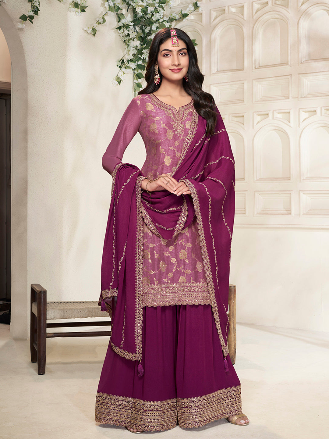 Wine Dola Silk Colour Contrast Sharara Suit Set