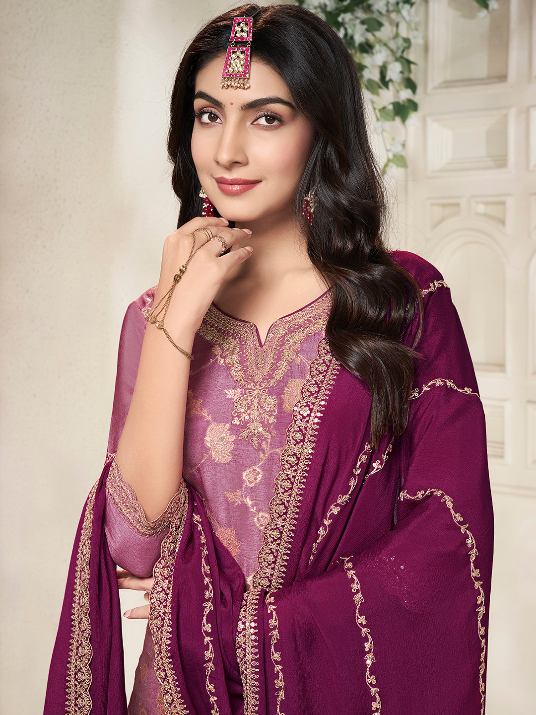 Wine Dola Silk Colour Contrast Sharara Suit Set