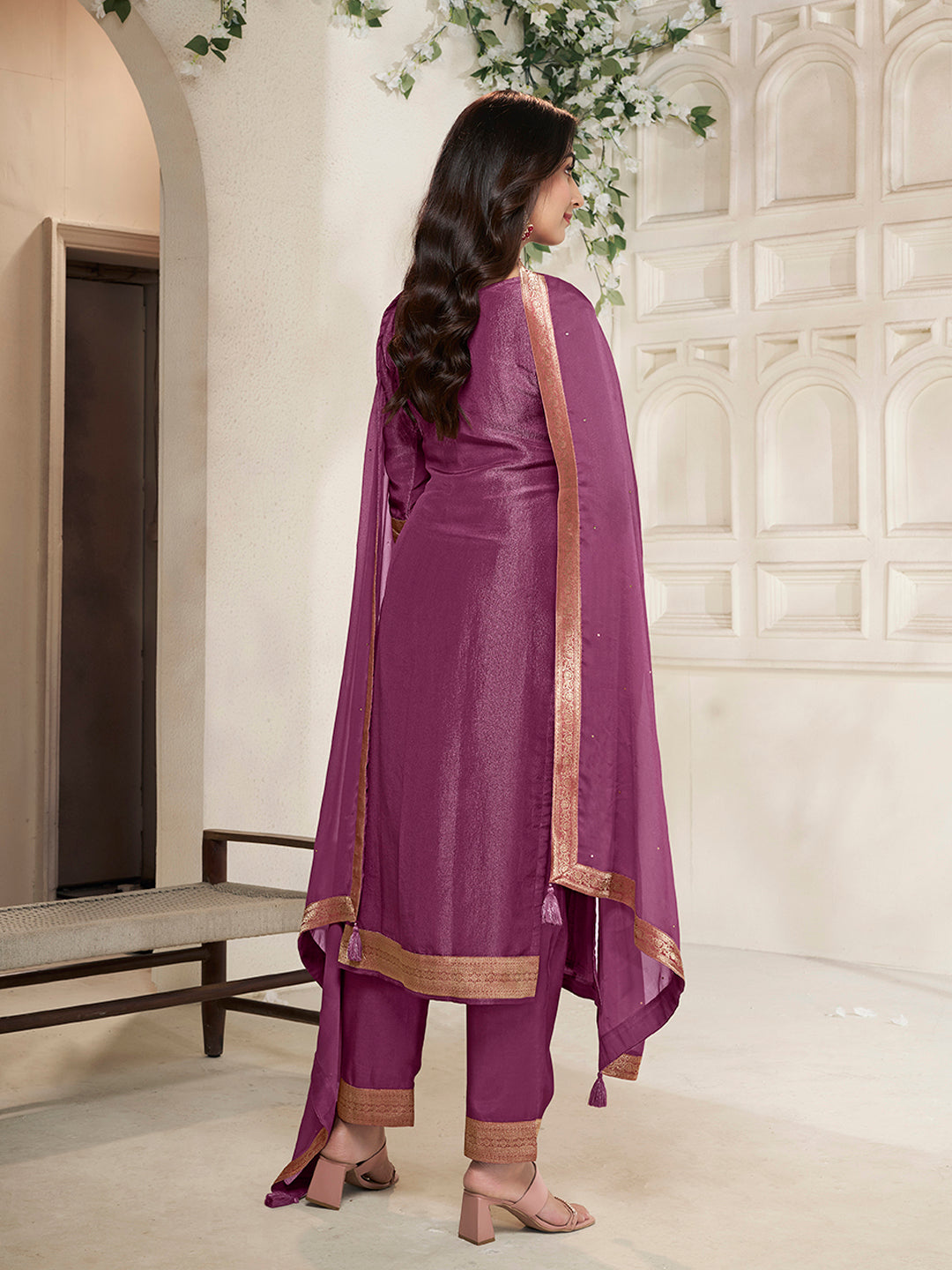 Purple Tissue Jacquard weave Kruta Suit Set