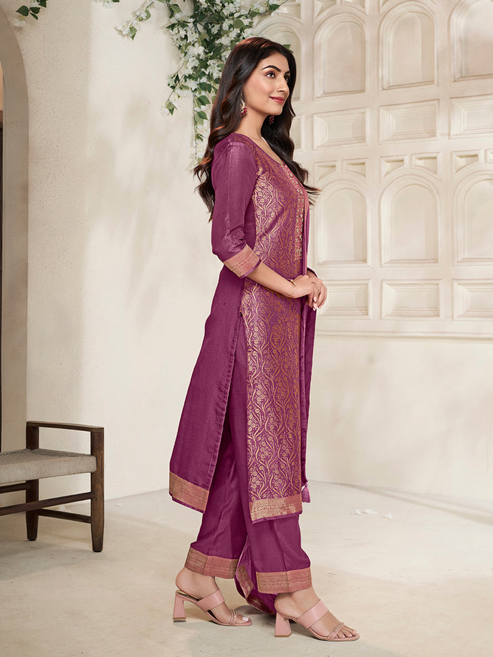 Purple Tissue Jacquard weave Kruta Suit Set