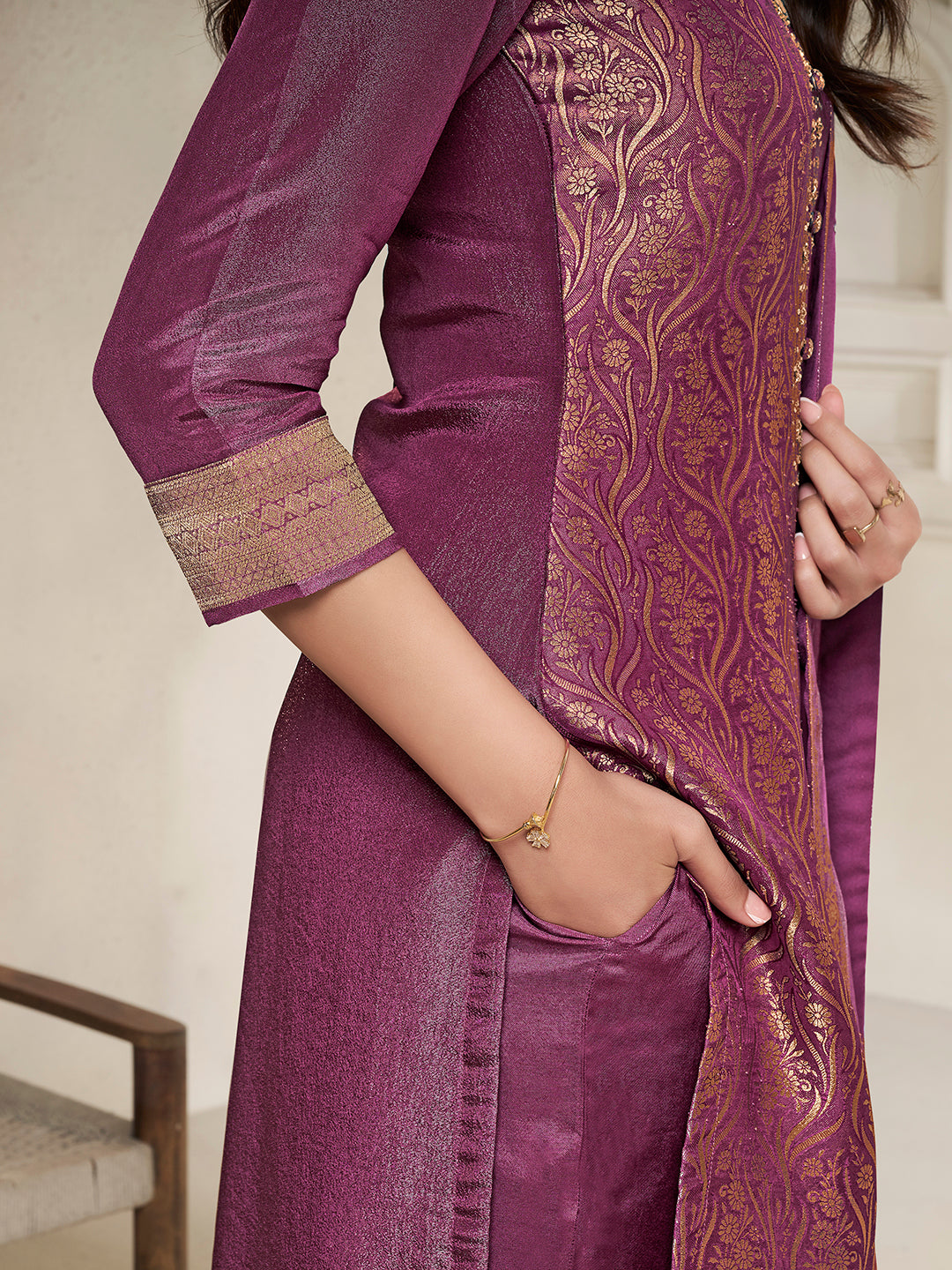 Purple Tissue Jacquard weave Kruta Suit Set