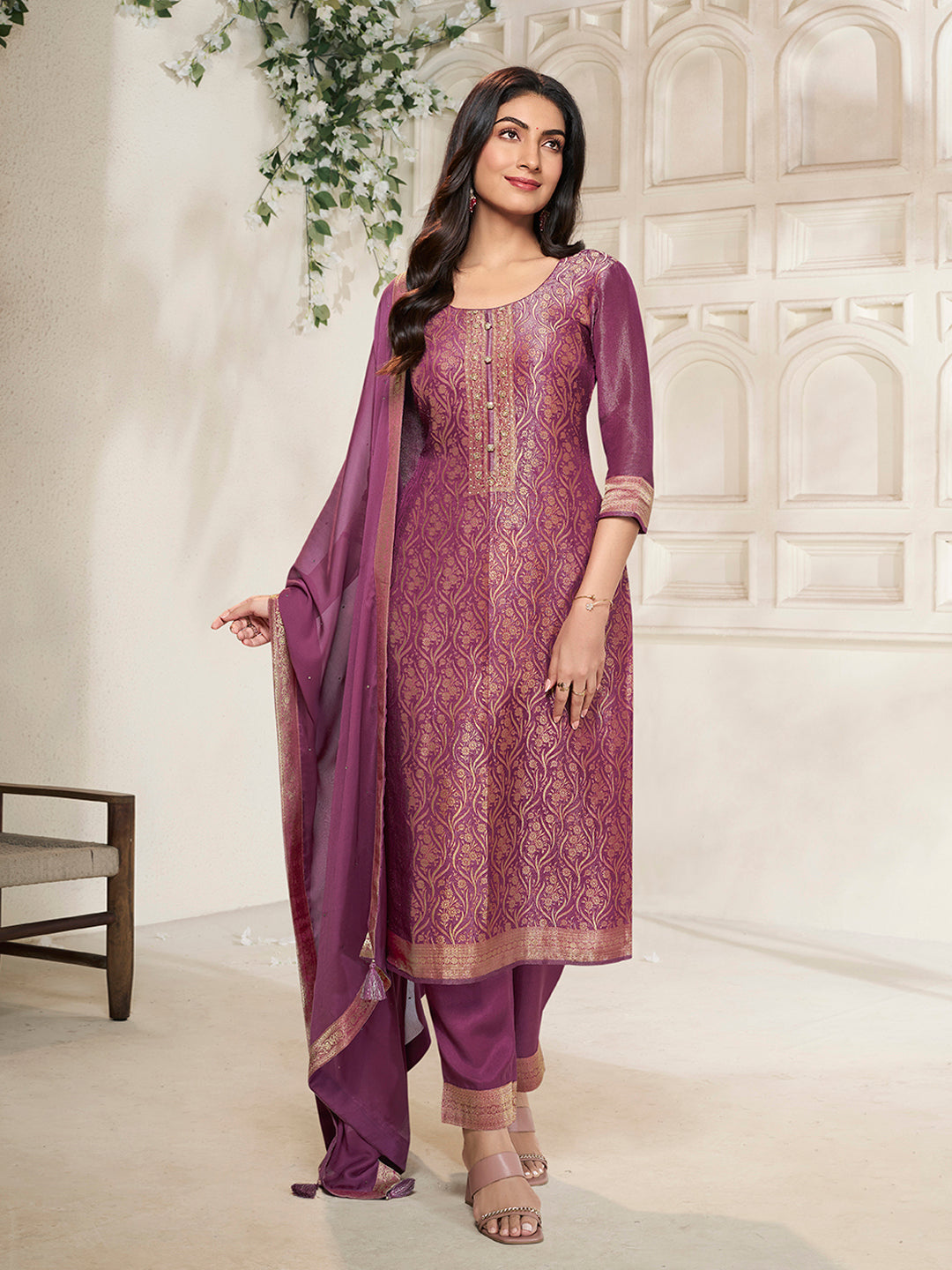 Purple Tissue Jacquard weave Kruta Suit Set