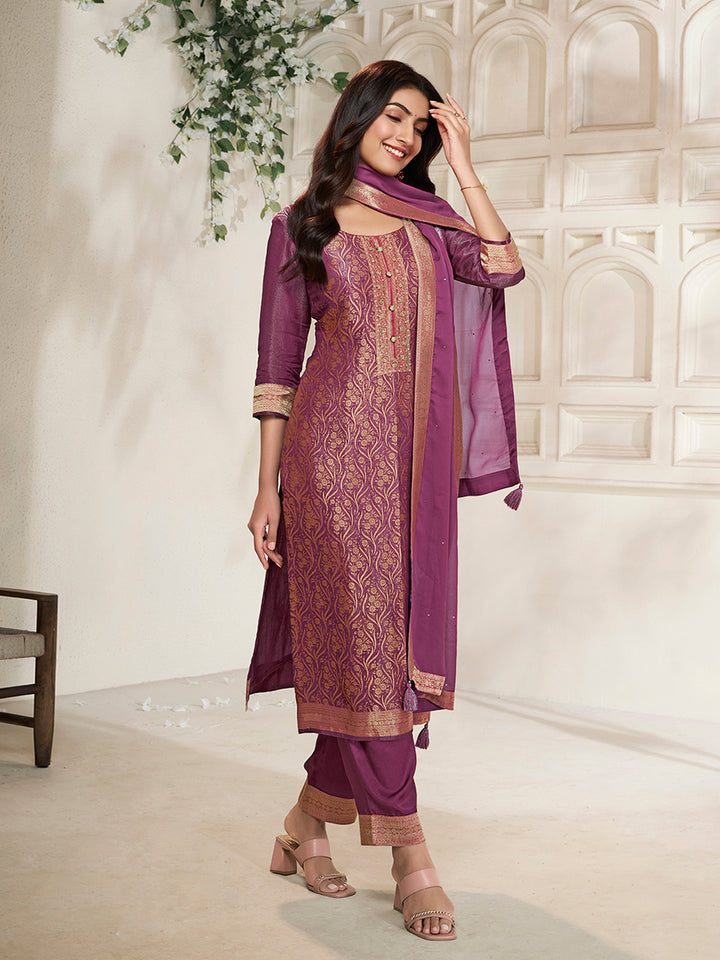 Purple Tissue Jacquard weave Kruta Suit Set