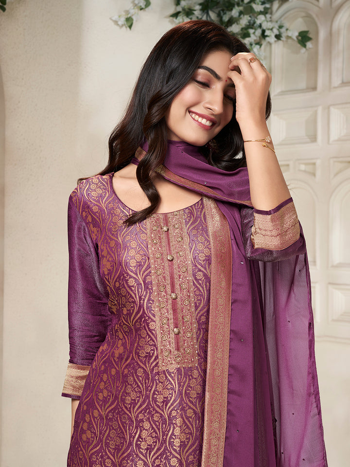 Purple Tissue Jacquard weave Kruta Suit Set