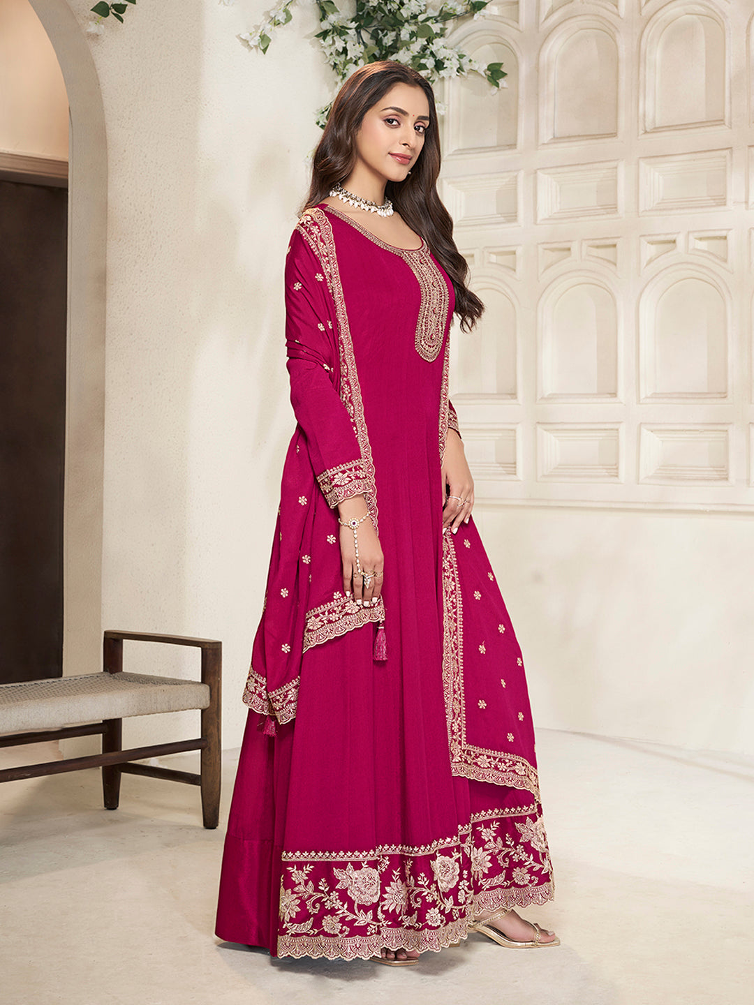 Red Chinon Top with White Embroidery & Sequins Anarkali Suit Set