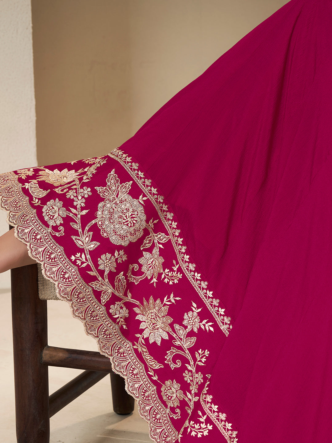 Red Chinon Top with White Embroidery & Sequins Anarkali Suit Set