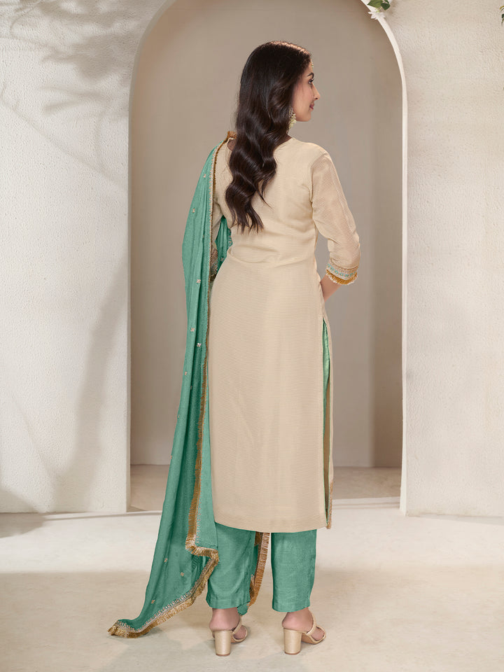 Off-white Tissue Sequins Embroidery Kurta Suit Set