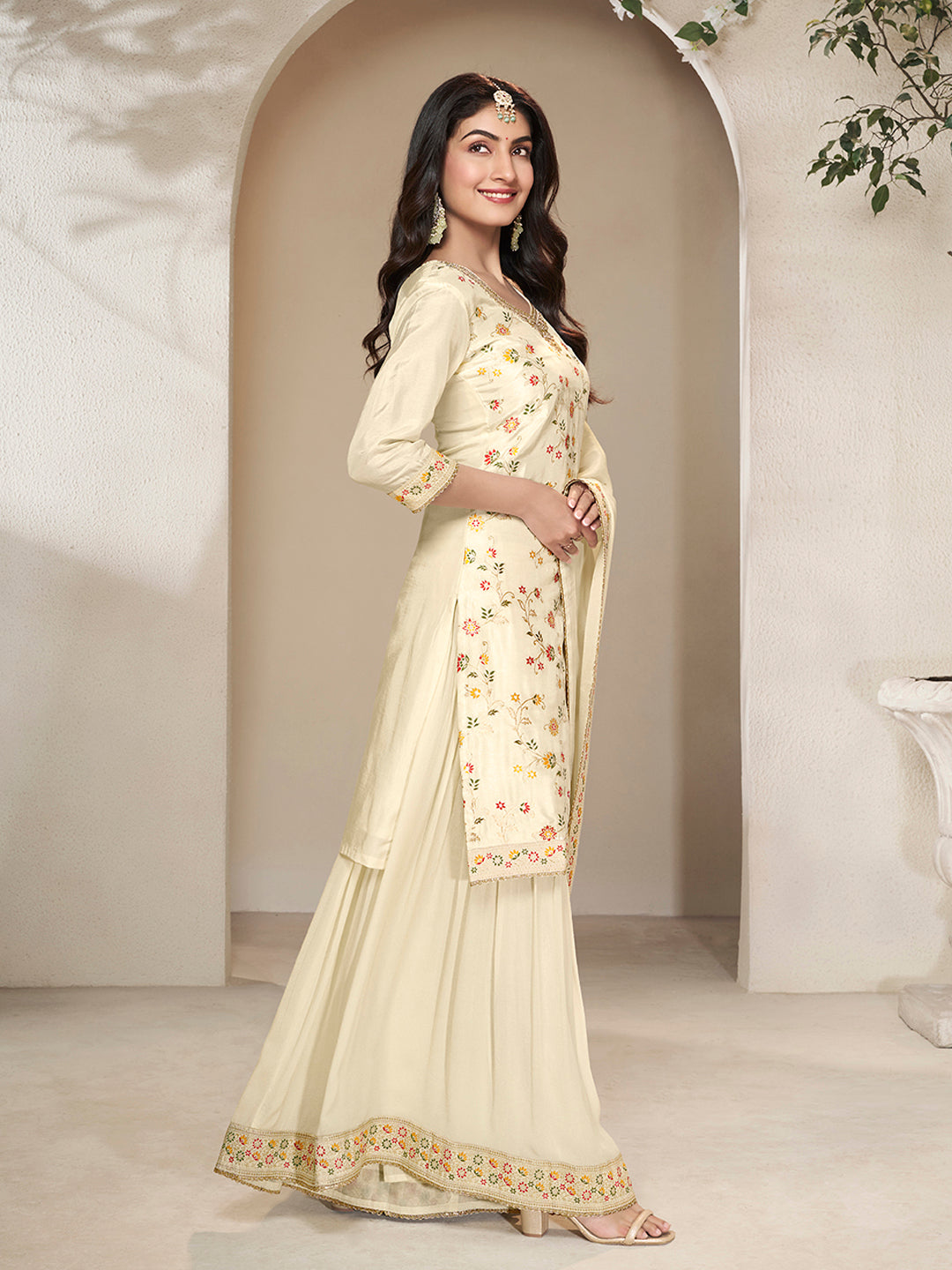 Off-White Dola Silk Sharara Suit Set with Floral Meena Jacquard Work