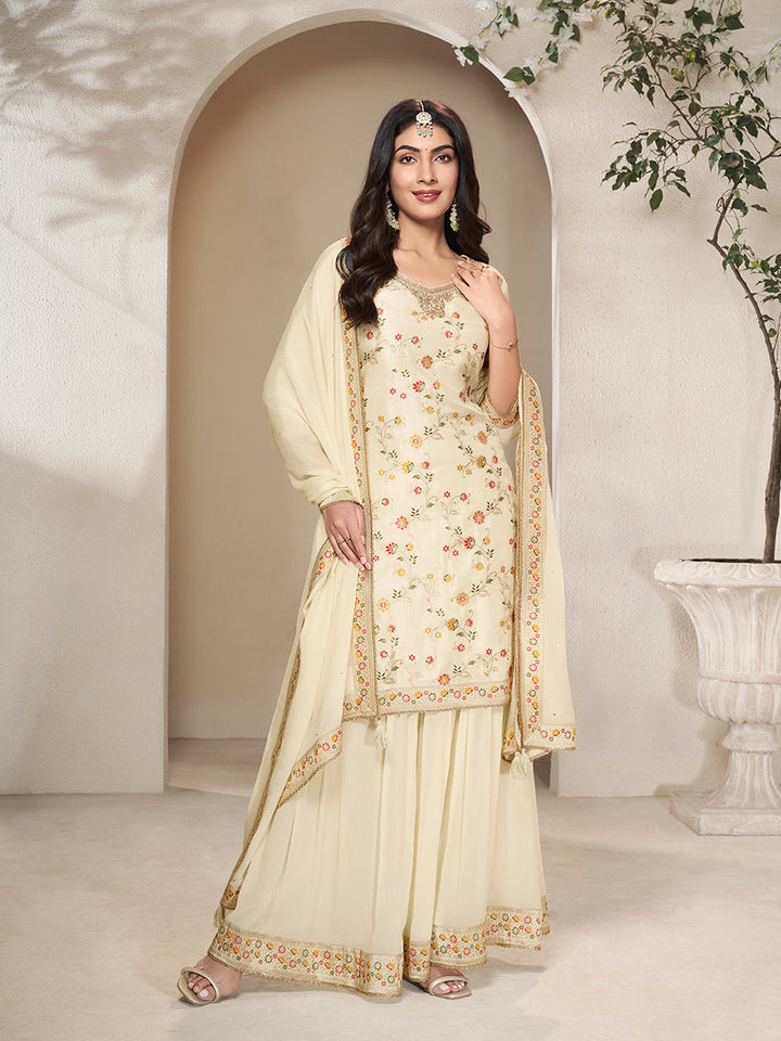 Off-White Dola Silk Sharara Suit Set with Floral Meena Jacquard Work