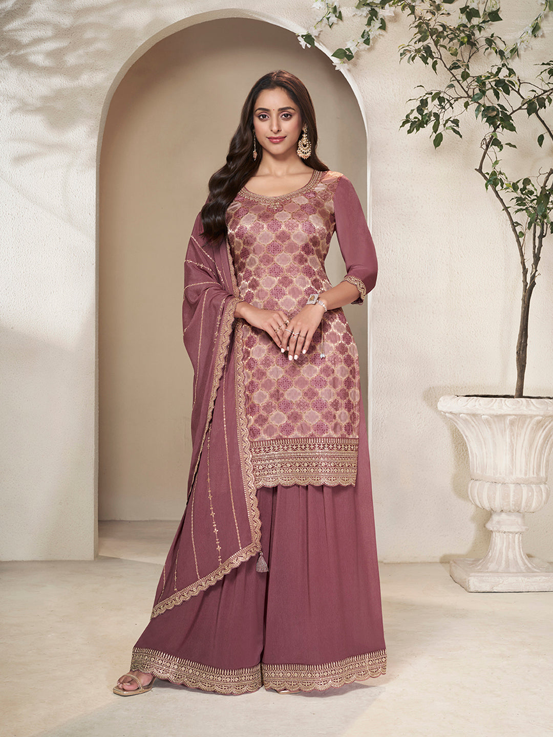 Burgundy Dola Silk Position Print Sharara Suit Set