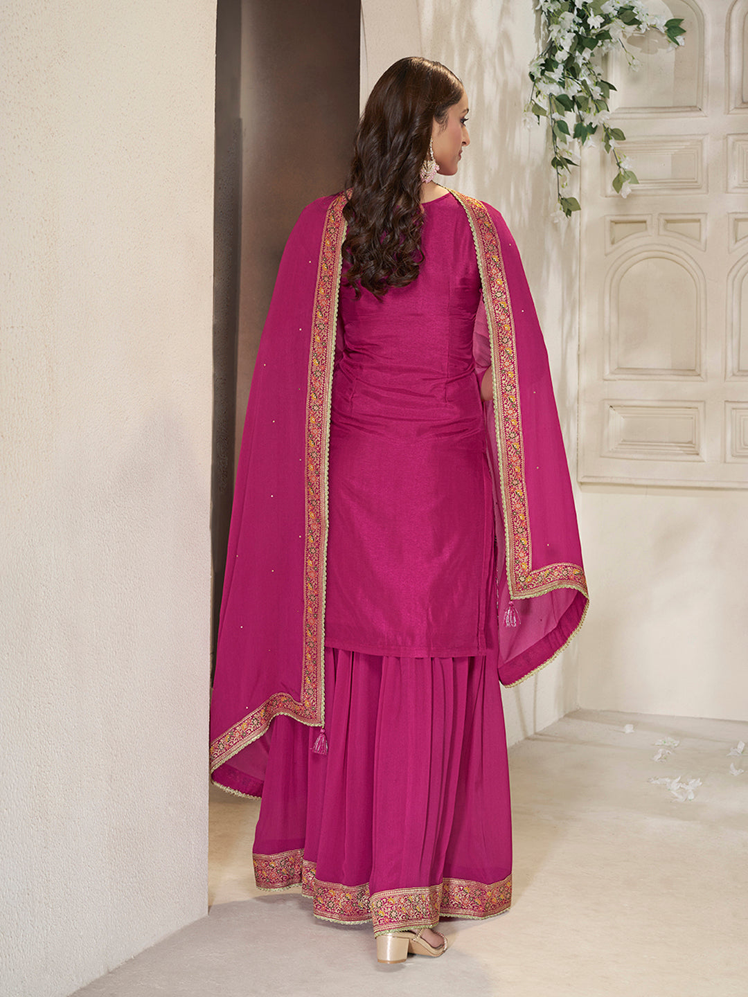 Pink Dola Silk Sharara Suit Set with Floral Meena Jacquard Work