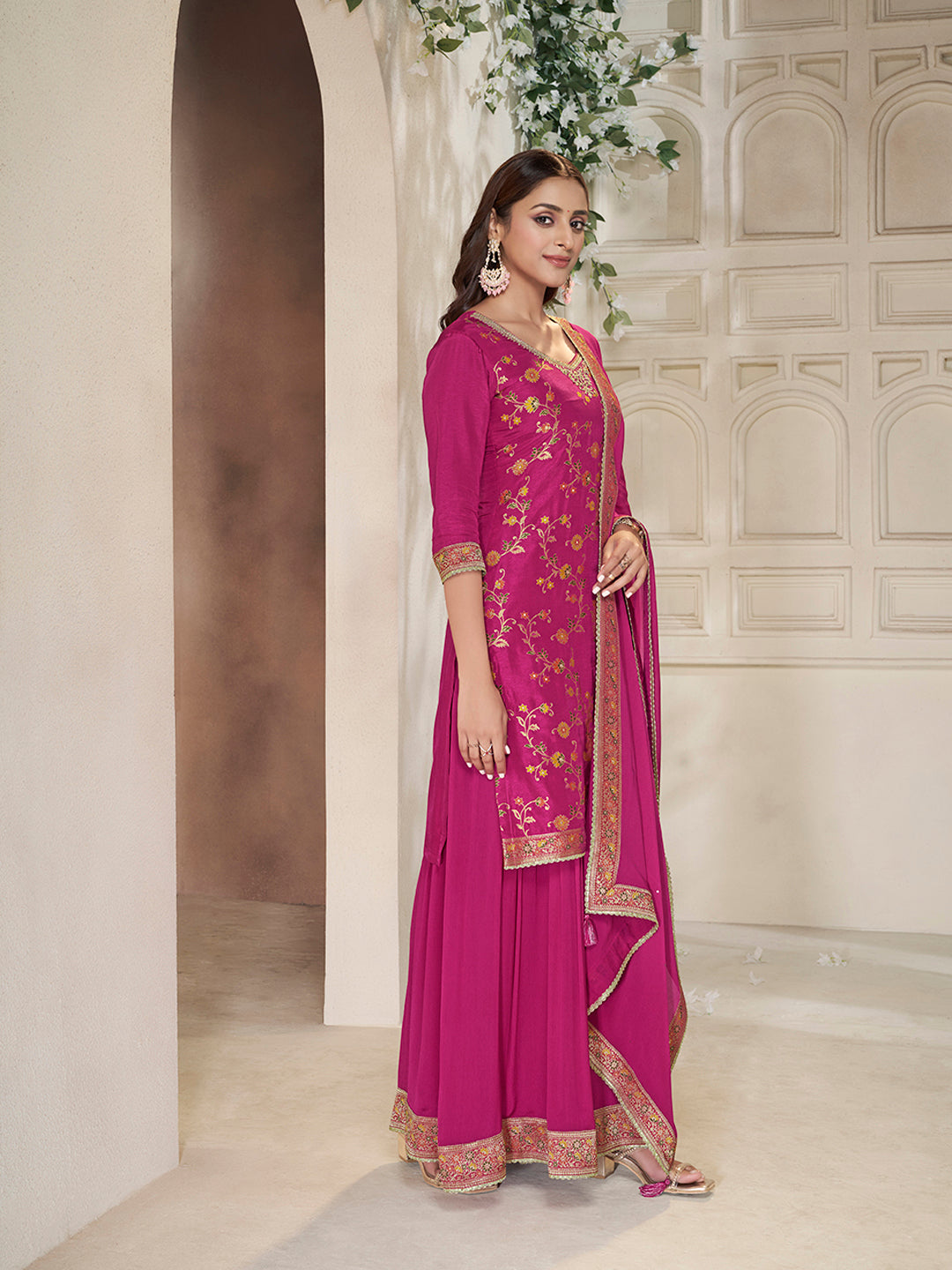 Pink Dola Silk Sharara Suit Set with Floral Meena Jacquard Work