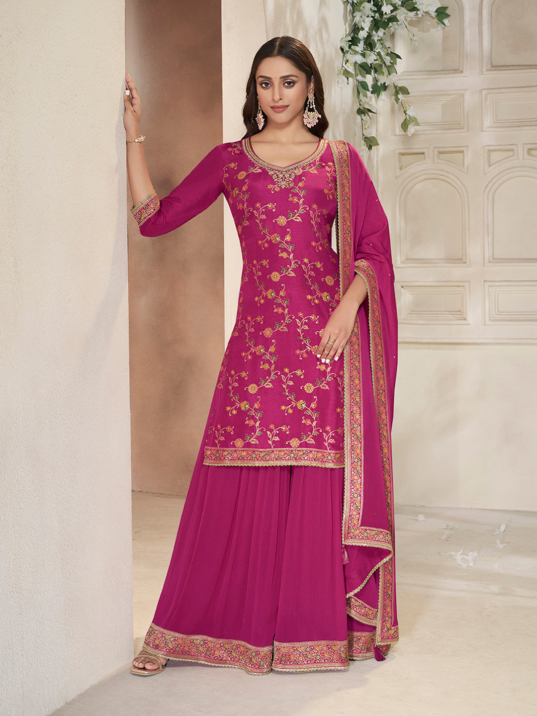 Pink Dola Silk Sharara Suit Set with Floral Meena Jacquard Work