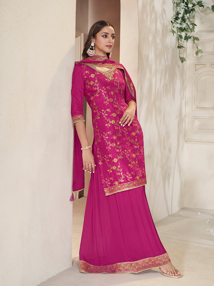 Pink Dola Silk Sharara Suit Set with Floral Meena Jacquard Work