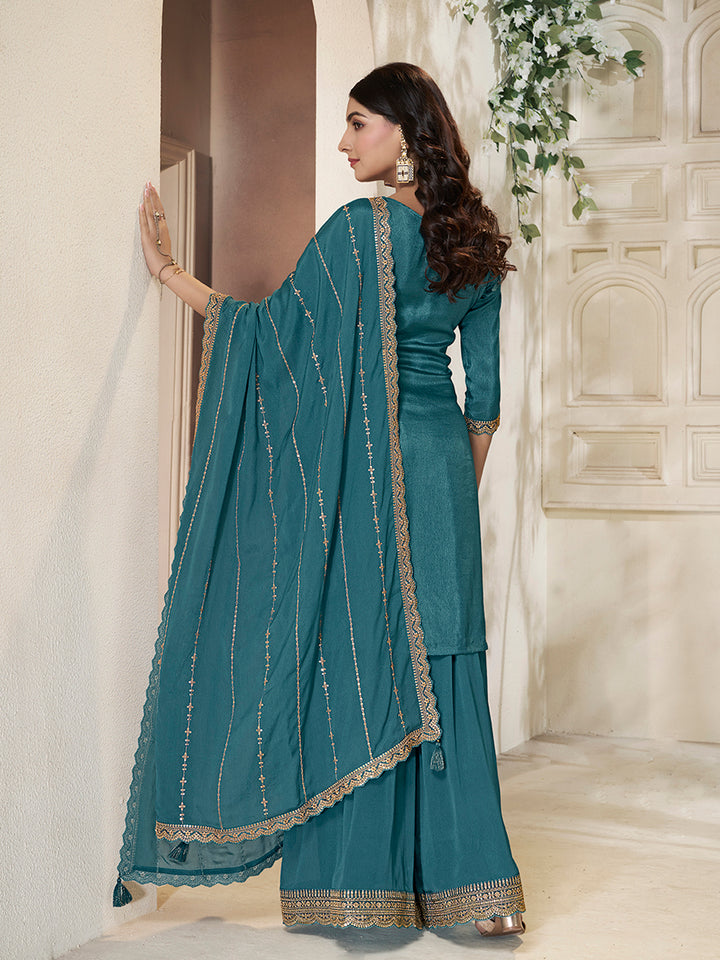 Teal Blue Dola Silk Position Print Sharara Suit Set