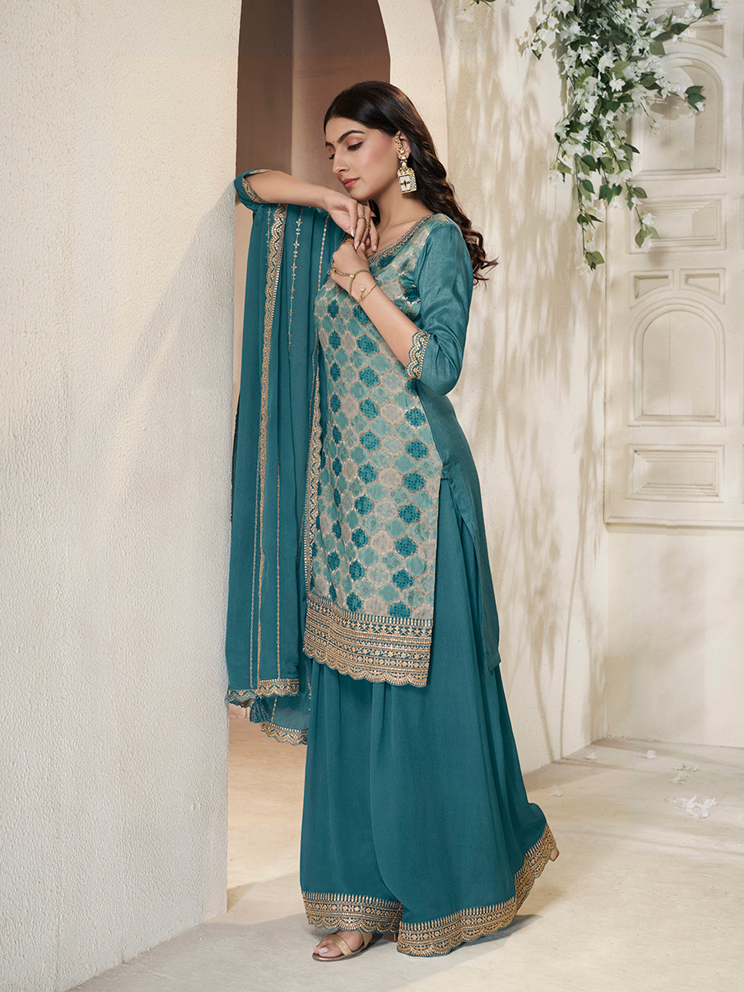 Teal Blue Dola Silk Position Print Sharara Suit Set