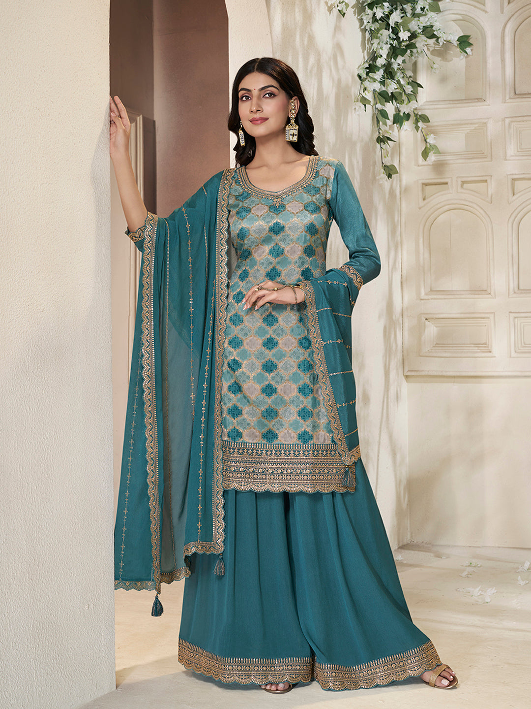 Teal Blue Dola Silk Position Print Sharara Suit Set