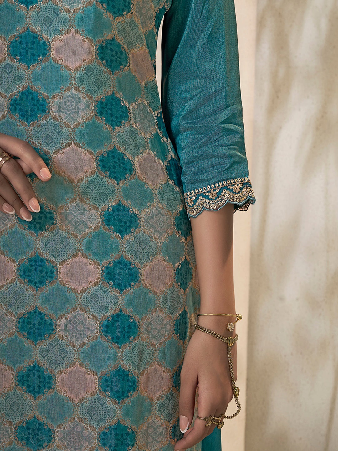 Teal Blue Dola Silk Position Print Sharara Suit Set