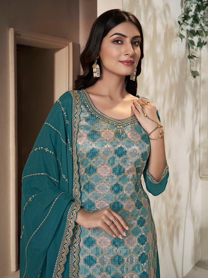 Teal Blue Dola Silk Position Print Sharara Suit Set