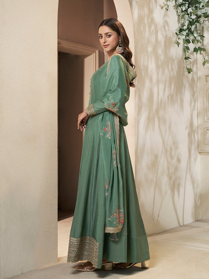 Green Dola Silk Anarkali Set with Sequins Embroidered Dupatta