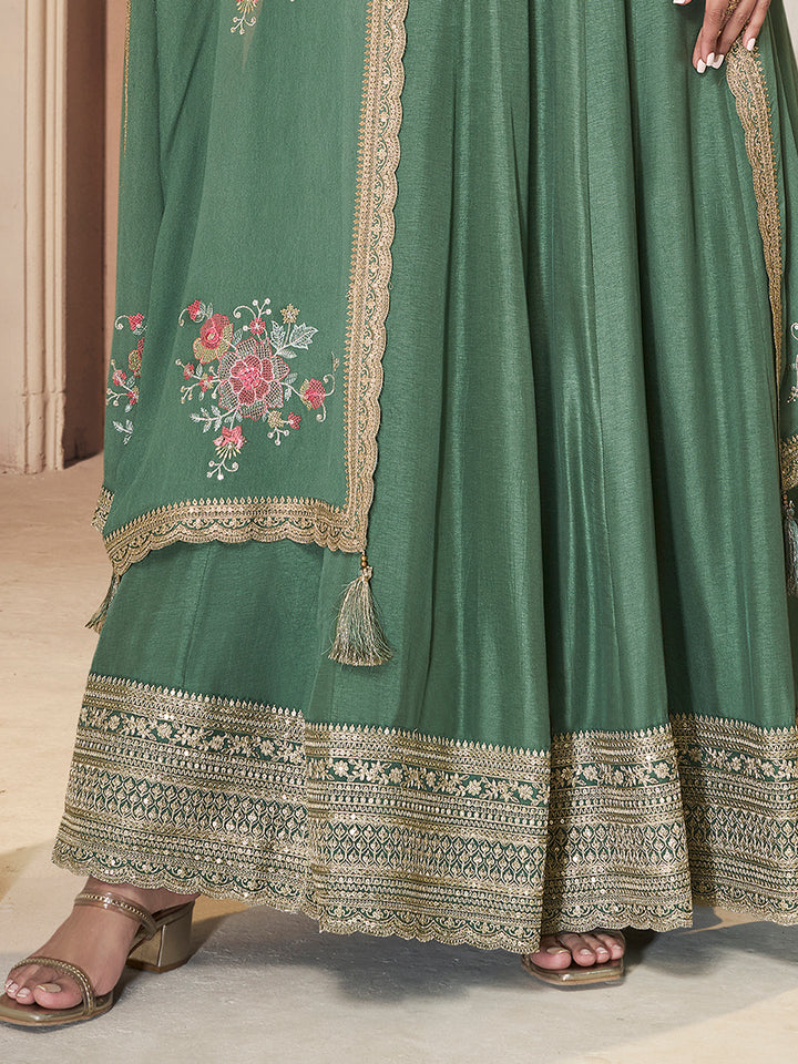 Green Dola Silk Anarkali Set with Sequins Embroidered Dupatta