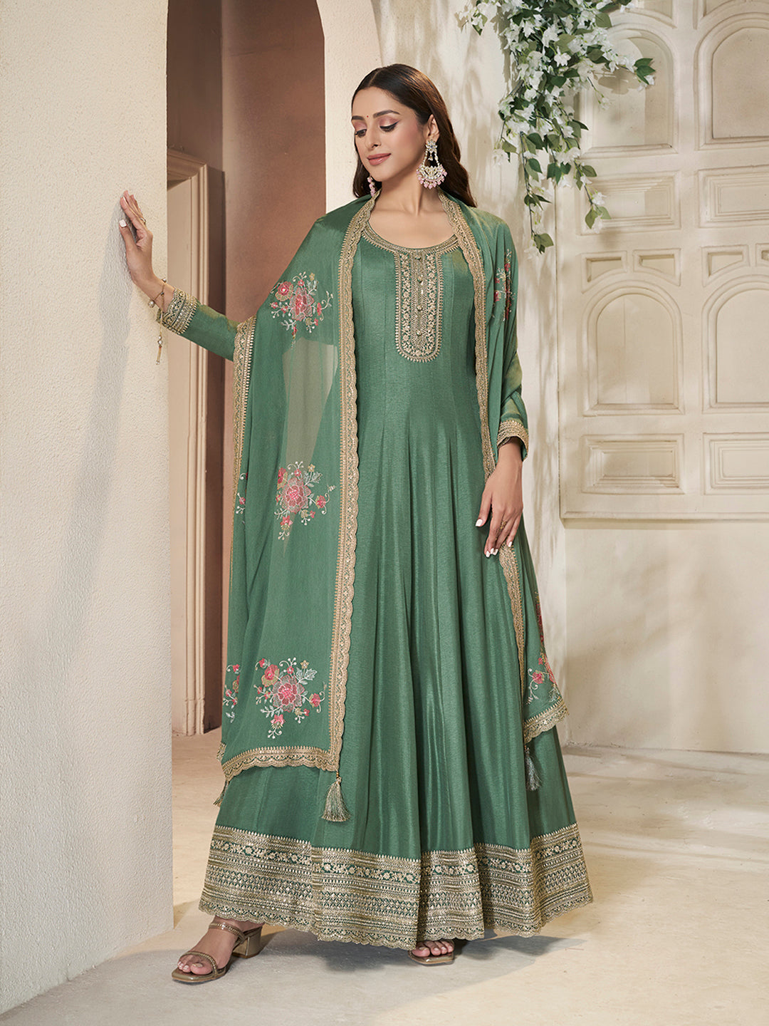 Green Dola Silk Anarkali Set with Sequins Embroidered Dupatta