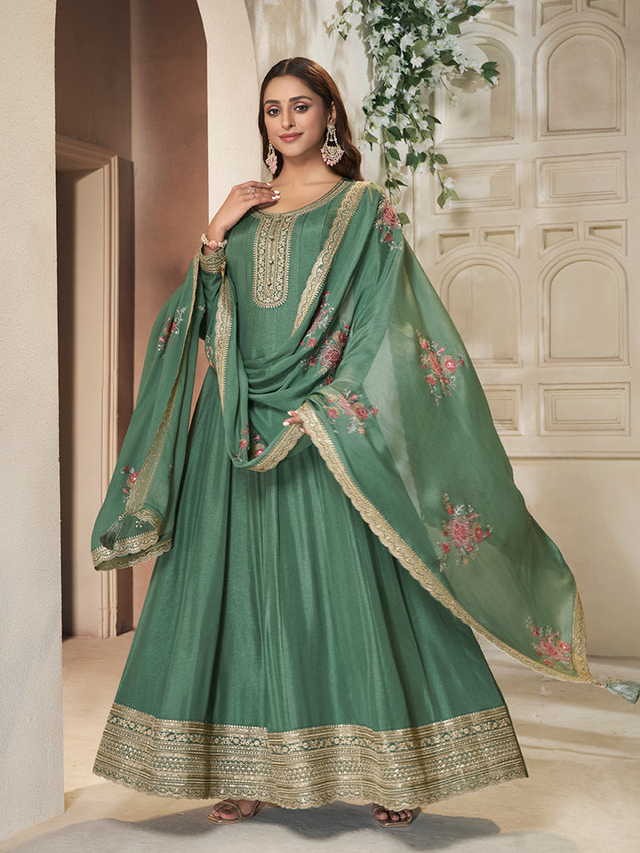 Green Dola Silk Anarkali Set with Sequins Embroidered Dupatta