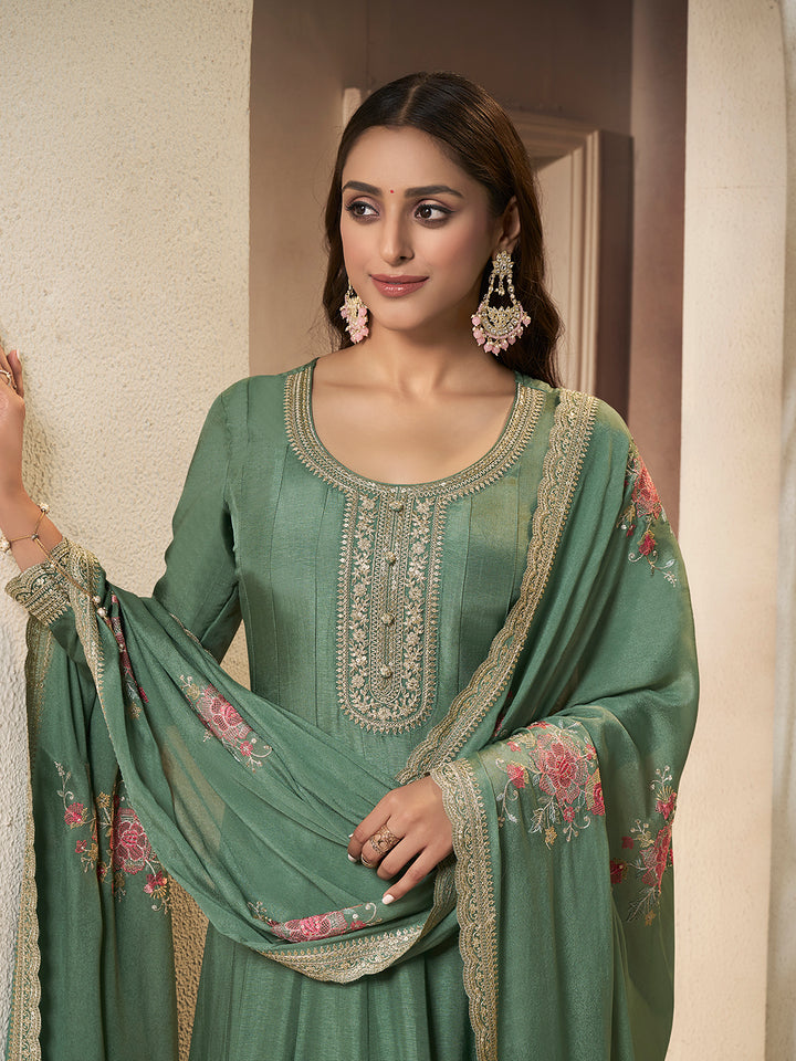 Green Dola Silk Anarkali Set with Sequins Embroidered Dupatta