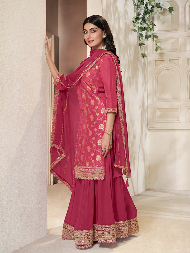 Pink Dola Silk Colour Contrast Sharara Suit Set