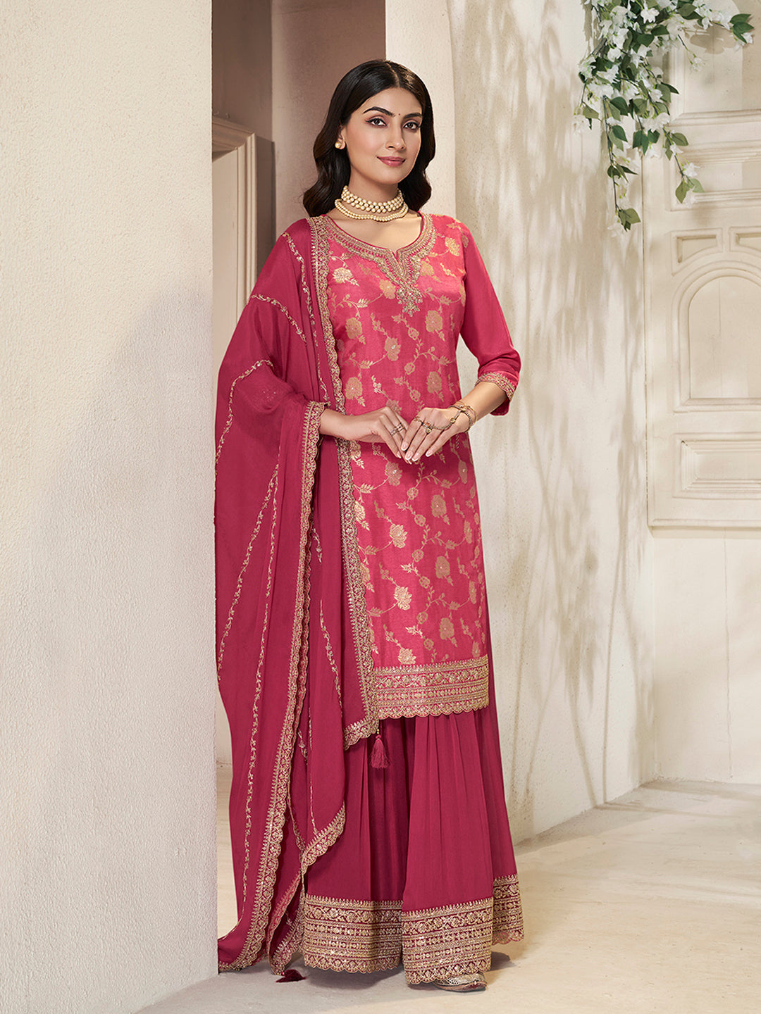 Pink Dola Silk Colour Contrast Sharara Suit Set