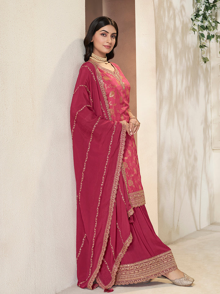 Pink Dola Silk Colour Contrast Sharara Suit Set