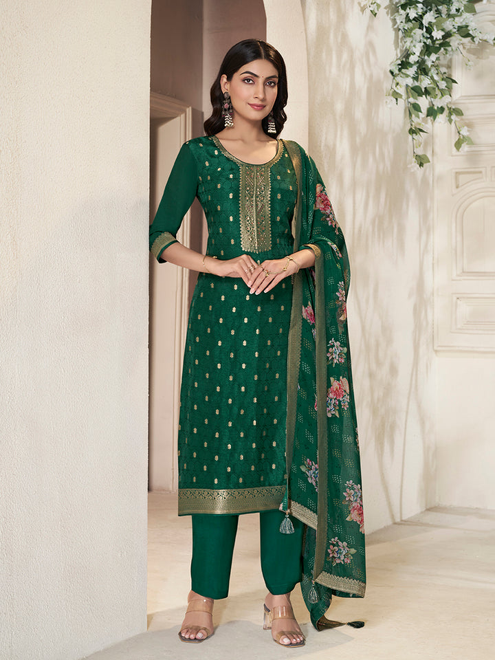 Green Dola Silk Kurta with Jacquard Weave Sequins Work Kurta Suit Set