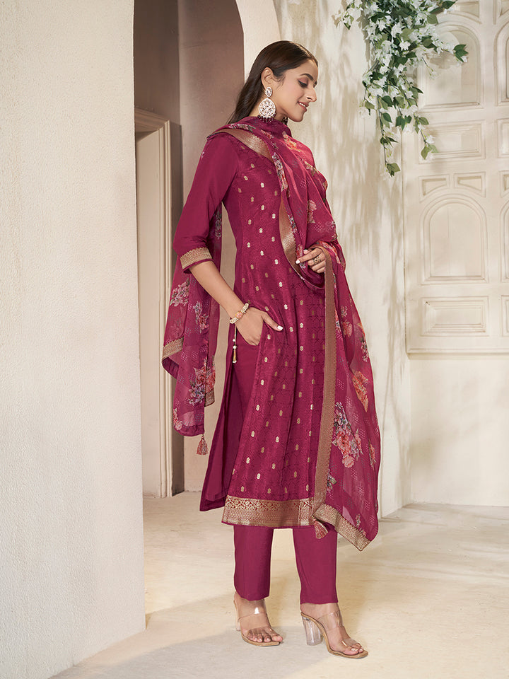 Red Dola Silk Kurta with Jacquard Weave Sequins Work Kurta Suit Set