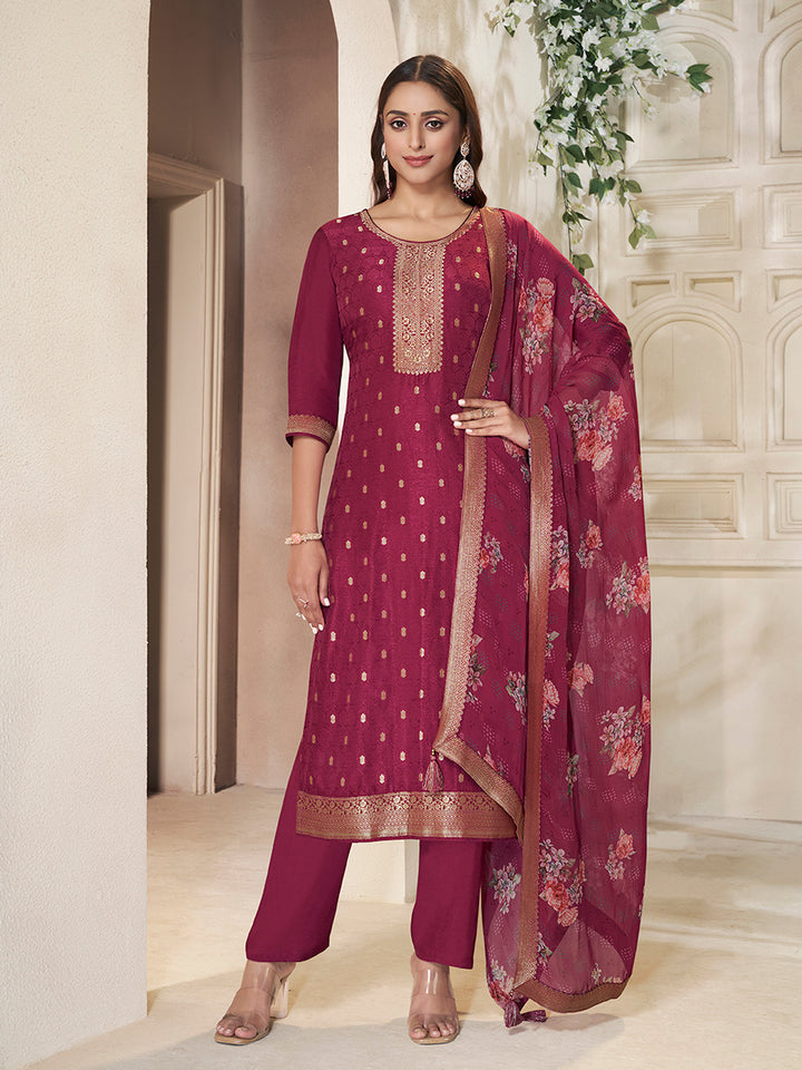 Red Dola Silk Kurta with Jacquard Weave Sequins Work Kurta Suit Set